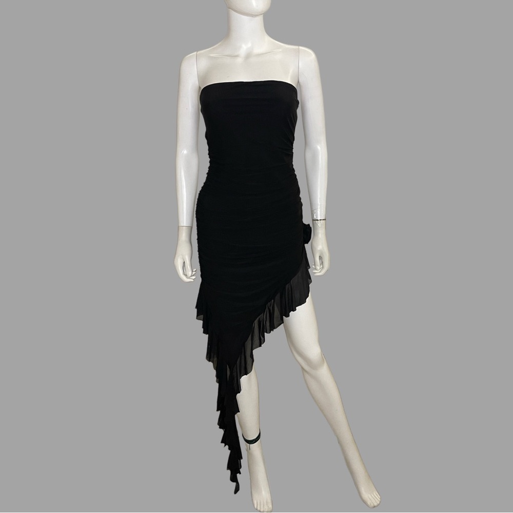 Elegant Black Strapless Ruched‎ Body Con Asymmetrical Dress